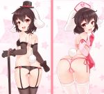  1girl :d absurdres animal_ears ass bent_over black_hair bunny_ears bunny_tail bushi_(1622035441) butt_crack cane eyebrows_visible_through_hair from_behind gloves hat highres inaba_tewi looking_at_viewer looking_back mini_hat mini_top_hat multiple_views open_mouth pink_gloves red_eyes short_hair smile star tail thigh_gap top_hat touhou 