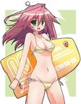  1girl :d ahoge bare_shoulders bikini blush breasts collarbone cowboy_shot eyebrows green_eyes iwasaki_masakazu kemeko_deluxe kickboard mm_(kemeko_deluxe) navel open_mouth pink_hair smile solo striped striped_bikini striped_swimsuit swimsuit 