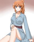  absurdres blue_eyes blush breasts charlotte_e_yeager cleavage collarbone hair_ribbon hand_on_own_knee highres hiroshi_(hunter-of-kct) japanese_clothes kimono large_breasts long_hair long_sleeves orange_hair ponytail ribbon sitting smile solo strike_witches world_witches_series yukata 
