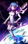  alpha_(acerailgun) android blue_hair borrowed_character flat_chest flying full_body highres original pink_eyes planet solo space squchan watermark web_address 