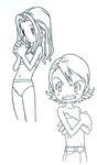  2girls angry belt blush bra covering covering_chest digimon digimon_adventure lineart long_hair midriff monochrome multiple_girls navel no_bra official_art panties short_hair simple_background smile tachikawa_mimi takenouchi_sora topless training_bra underwear 