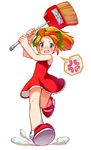  anger_vein blush broom chasing dress ecocobo emoticon green_eyes hair_ribbon highres long_hair looking_at_viewer mary_janes no_socks open_mouth ponytail red_dress ribbon rockman rockman_(classic) roll running shoes sidelocks solo 