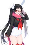  ;d animal_ears bangs black_hair blunt_bangs bunny_ears crop_top crop_top_overhang glasses jewelry long_hair long_sleeves looking_at_viewer neckerchief no_pants one-piece_swimsuit one_eye_closed open_mouth original pink_scarf red-framed_eyewear red_eyes red_legwear ring salute scarf school_swimsuit school_uniform serafuku simple_background smile solo swimsuit swimsuit_under_clothes thighhighs twintails very_long_hair white_background white_school_swimsuit white_swimsuit yoko_(yuuhi_homare) yuuhi_homare 