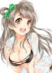  :d bikini bikini_under_clothes black_bikini breasts brown_hair cleavage collarbone dot_nose green_ribbon hair_ribbon kanzume_shima large_breasts leaning_forward long_hair looking_at_viewer love_live! love_live!_school_idol_project minami_kotori one_side_up open_clothes open_mouth open_shirt ribbon see-through shirt side-tie_bikini simple_background smile solo swimsuit swimsuit_under_clothes tareme white_background yellow_eyes 