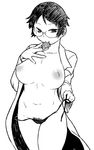  breasts condom condom_in_mouth glasses greyscale inverted_nipples labcoat large_breasts monochrome mouth_hold naked_labcoat navel nipples original panties pubic_hair semi-rimless_eyewear short_hair side-tie_panties solo tsukudani_(coke-buta) under-rim_eyewear underwear untied untied_panties 