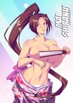  1girl bokuman bown_hair breasts brown_hair fan fatal_fury huge_breasts japanese_clothes king_of_fighters navel shiranui_mai solo topless 