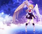  angel angel_wings asymmetrical_wings blonde_hair blue_eyes borrowed_character bow cassie_(acerailgun) cloud cloudy_sky cravat cyborg feathered_wings full_body knees_together_feet_apart mechanical_arm mechanical_wings original power_lines seishiki silhouette skirt sky smile solo standing standing_on_liquid star_(sky) starry_sky wings 
