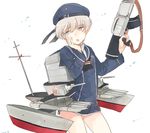  :o blue_eyes clothes_writing hand_on_own_cheek hand_on_own_face hat holding holding_weapon kantai_collection long_sleeves looking_away machinery military military_uniform nakagomiyuki415 neckerchief sailor_collar sailor_hat short_hair silver_hair simple_background solo trigger_discipline turret uniform weapon white_background z1_leberecht_maass_(kantai_collection) 