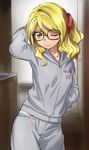  3; blonde_hair glasses hand_in_pocket haruyama_kazunori looking_at_viewer one_eye_closed oribe_ayane pants short_hair solo star_plus_one sweatpants sweatshirt yellow_eyes 