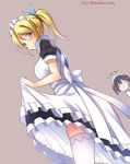  apron ayase_eli blonde_hair blush breast_envy breasts dated dutch_angle from_side frown garter_straps highres large_breasts looking_at_viewer love_live! love_live!_school_idol_project maid maid_headdress multiple_girls petticoat short_hair skirt skirt_lift slip_showing smile song_name thighhighs white_legwear wonder_zone yazawa_nico yu-ta 