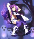  armpits boots borrowed_character floating full_body ghost girutea gloves green_eyes isabelle_(acerailgun) long_hair looking_at_viewer navel open_mouth original purple purple_hair short_shorts shorts solo thighhighs tree 