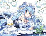  aqua_eyes aqua_hair bangs blush bunny crown flower hair_between_eyes hair_ornament hand_on_own_cheek hatsune_miku jewelry long_hair looking_at_viewer nardack open_mouth simple_background twintails very_long_hair vocaloid white_background 