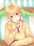  blonde_hair blush cardigan free! hazuki_nagisa looking_at_viewer male_focus necktie school_uniform smile solo somehara spoon spoon_in_mouth 