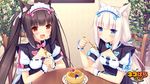  animal_ears black_hair blue_eyes blush breasts cake cat_ears chair chocola_(sayori) cleavage cleavage_cutout food fork game_cg headdress long_hair looking_at_viewer multiple_girls name_tag nekopara open_mouth plate red_eyes sayori short_sleeves silver_hair sitting slit_pupils small_breasts smile table twintails vanilla_(sayori) very_long_hair waitress 