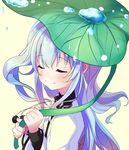  1girl blue_hair eyes_closed kyona_(konakona) leaf_umbrella noel_(sora_no_method) solo sora_no_method two_side_up 
