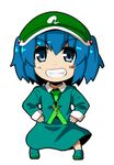  blue_eyes blue_hair chibi hair_bobbles hair_ornament hands_on_hips hat kawashiro_nitori key ryuu_(multitask) short_hair simple_background smile solo touhou two_side_up white_background 