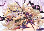  anklet armor bare_legs bare_shoulders barefoot blonde_hair fengsao_hua_tanzhang fox gap gauntlets hair_ribbon hat highres japanese_clothes jewelry kimono legs long_hair looking_at_viewer mob_cap naginata obi off_shoulder pink_eyes polearm ribbon sash smile touhou tress_ribbon very_long_hair weapon yakumo_ran yakumo_ran_(fox) yakumo_yukari 