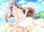  bare_shoulders blush bouquet bow breasts bridal_veil bride brown_eyes brown_hair cleavage crown detached_sleeves dress earrings flower hair_bow jewelry large_breasts long_hair looking_at_viewer love_live! love_live!_school_idol_festival love_live!_school_idol_project minami_kotori one_side_up open_mouth sakurano_tsuyu smile solo thigh_strap veil wedding_dress 