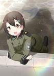  :d bird blush brown_eyes brown_hair epaulettes from_above hair_ornament hairclip helvetian_military_uniform leaning lens lens_flare looking_at_viewer looking_up military military_uniform open_mouth owl patch pavement rainbow road shadow short_hair sketch smile solo sora_no_woto sorami_kanata street uniform wk_(low-f) 