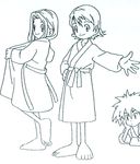  1boy 2girls barefoot bathrobe digimon digimon_adventure hongo_akiyoshi lineart long_hair multiple_girls official_art settei short_hair tachikawa_mimi takenouchi_sora yagami_taichi 