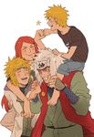  3boys bad_id bad_pixiv_id blonde_hair carrying closed_eyes family father_and_son fist_bump hair_pull highres jiraiya long_hair mother_and_son mtmting multiple_boys namikaze_minato naruto naruto_(series) piggyback red_hair short_hair shoulder_carry smile spiked_hair uzumaki_kushina uzumaki_naruto what_if white_hair 