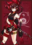  alternate_costume bow brown_hair elbow_gloves floral_print gloves hair_bow hair_tubes hakurei_reimu highres jewelry katana long_hair ofuda ribbon samurai sarashi seigaiha sleeveless solo sword syn touhou weapon yin_yang 