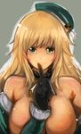  atago_(kantai_collection) bad_id bad_pixiv_id bare_shoulders black_gloves blonde_hair breasts cafe_au_lait_(kafeore) finger_to_mouth fur_trim gloves hat highres kantai_collection large_breasts long_hair looking_at_viewer shushing solo upper_body 