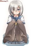  batatata77 blue_eyes feet gloves hair_ornament hair_over_one_eye hairclip hamakaze_(kantai_collection) kantai_collection panties panties_under_pantyhose pantyhose pantyshot school_uniform serafuku short_hair short_sleeves solo underwear white_hair 