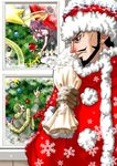  2boys bag bare_shoulders beard breasts chikaburo christmas christmas_tree cleavage cold decorations dracule_mihawk drill_hair facial_hair floating fur_trim ghost gloves green_eyes green_hair hat long_hair long_sleeves medium_breasts multiple_boys one_piece perona pointing purple_hair red_eyes roronoa_zoro sack santa_costume santa_hat short_hair sidelocks sleeveless snow snowflakes star tattoo window 