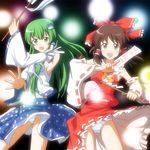  ascot blush bow brown_eyes brown_hair detached_sleeves frog frog_hair_ornament gohei green_eyes green_hair hair_bow hair_ornament hair_ribbon hair_tubes hakurei_reimu holding japanese_clothes kochiya_sanae lielos long_hair looking_at_viewer miko multiple_girls ofuda open_mouth panties pantyshot pantyshot_(standing) ribbon shirt short_hair skirt smile snake_hair_ornament standing touhou underwear white_panties wind wind_lift 