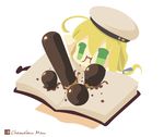  ahoge bad_id bad_pixiv_id blonde_hair book chameleon_man_(three) chibi flat_color food glasses green_eyes hat i-8_(kantai_collection) kantai_collection long_hair looking_at_viewer pocky simple_background solo white_background 