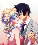  1girl alternate_hairstyle couple eye_contact flower formal gloves hair_flower hair_ornament hetero holding_hands husband_and_wife jewelry looking_at_another multicolored_hair necktie nia_teppelin peco19peco ring simon smile tengen_toppa_gurren_lagann two-tone_hair 