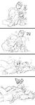  1boy 1girl 4koma comic couple directional_arrow fallen_down gamagoori_ira greyscale highres kazaya kill_la_kill kiss leaning_on_person mankanshoku_mako monochrome school_uniform serafuku silent_comic sitting size_difference sketch surprised 