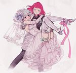  :&lt; arms_around_neck ass blush bouquet bow bowtie bridal_veil bride carrying closed_eyes dress elbow_gloves flower formal fume garter_straps gloves grey_background groom hair_bun hana-kagume high_heels kosegawa_shiromi lily_(flower) multiple_girls person_carrying pout princess_carry red_hair ribbon saki short_hair silver_hair simple_background suit thighhighs tuxedo usuzawa_sae veil wedding wedding_dress white_legwear wife_and_wife wince yuri 