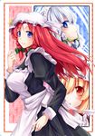  :o alternate_costume apron bangs black_dress blonde_hair blue_dress blue_eyes braid breasts cover cover_page doujin_cover dress enmaided flandre_scarlet hair_ribbon highres hong_meiling izayoi_sakuya large_breasts light_smile long_dress long_sleeves looking_at_viewer maid maid_apron maid_cap multiple_girls parted_bangs puffy_long_sleeves puffy_sleeves red_eyes red_hair ribbon ryuushou short_hair silver_hair smile star touhou tress_ribbon twin_braids 