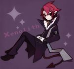  character_name coat crossed_legs disgaea disgaea_d2 full_body gloves kazamine_(stecca) male_focus pants pointy_ears purple_background red_eyes red_hair scarf shoes solo tail xenolith 