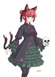  animal_ears blush cat_ears cat_tail double_bun dress embellished_costume extra_ears frilled_dress frilled_sleeves frills isaki_(gomi) kaenbyou_rin looking_at_viewer multiple_tails nekomata pantyhose pointy_ears red_eyes red_hair skull solo tabard tail touhou two_tails 