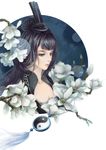  bangs black_eyes black_hair blunt_bangs breasts cleavage flower jewelry lips long_hair m_fin magnolia medium_breasts necklace original realistic solo white_flower yin_yang 