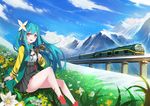 :d bad_id bad_pixiv_id blue_hair cloud day field flower flower_field ground_vehicle hair_ornament long_hair looking_at_viewer mountain open_mouth original red_eyes sitting sky smile solo train zhuxiao517 