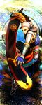  absurdres armor bracer dark_skin facial_tattoo fingerless_gloves gloves greaves highres huge_weapon impa matcho pointy_ears red_eyes scabbard sheath sheathed shoulder_pads silver_hair solo sword tattoo the_legend_of_zelda weapon zelda_musou 
