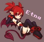  anklet armpits black_bra black_gloves black_legwear black_panties black_skirt boots bra bracelet character_name choker demon_girl disgaea disgaea_d2 elbow_gloves etna flat_chest full_body gloves jewelry kazamine_(stecca) miniskirt panties pointy_ears purple_background red_eyes red_hair short_hair skirt smile solo spiked_hair tail thigh_boots thighhighs twintails underwear wings 