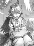  bad_id bad_pixiv_id bird_wings book capelet closed_eyes eho_(icbm) greyscale head_wings juliet_sleeves long_sleeves monochrome puffy_sleeves reading shirt sitting skirt smile solo tokiko_(touhou) touhou wings 