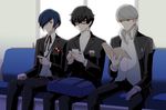  amamiya_ren black_hair blue_eyes blue_hair book cellphone digital_media_player glasses grey_eyes grey_hair hair_over_one_eye headphones machinosuke male_focus multiple_boys narukami_yuu persona persona_3 persona_4 persona_5 phone reading school_uniform shuujin_academy_uniform sitting smartphone train_interior yasogami_school_uniform yuuki_makoto 