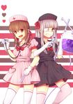  absurdres bow bowtie brown_hair buttons cross dress elbow_gloves eyepatch gloves grey_hair grin hair_bow hat heart heart-shaped_pupils highres intravenous_drip long_hair looking_at_viewer multiple_girls namikan nurse nurse_cap open_mouth original pink_legwear red_eyes scalpel short_sleeves sidelocks skull_print smile stethoscope striped symbol-shaped_pupils syringe thighhighs vertical_stripes white_gloves white_legwear zettai_ryouiki 