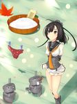  ahoge akizuki_(kantai_collection) bad_id bad_pixiv_id black_hair blood blush boots chou-10cm-hou-chan clothesline corset grey_eyes hachimaki hair_ornament headband heart highres kantai_collection leaf leaf_panties leaf_print looking_up maple_leaf mijinko_(rioriorio) no_panties nosebleed panties panties_removed ponytail print_panties red_panties school_uniform serafuku short_hair skirt smile solo underwear washboard wind wind_lift 