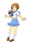  blue_skirt bob_cut brown_eyes brown_hair dog guts_(kill_la_kill) kazaya kill_la_kill loafers mankanshoku_mako pug school_uniform serafuku shoes short_hair skirt smile white_background 