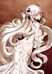  ass backless_outfit black_nails breasts damu_ningen dress from_behind horns kantai_collection large_breasts long_hair looking_back midway_hime nail_polish pale_skin red_eyes see-through shinkaisei-kan very_long_hair white_dress white_hair 