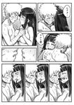  1girl 774_(nanashi) bandaged_arm bandages blood blush breast_press breasts comic couple eye_contact greyscale hand_on_another's_head hetero holding_hands hug hyuuga_hinata imminent_kiss large_breasts long_hair looking_at_another monochrome naruto naruto_(series) nosebleed nude one_eye_closed translated uzumaki_naruto wet 