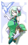  bird blue_eyes chinese_clothes commentary_request elbow_gloves fire flame gloves green_hair hair_bun kugelschreiber looking_at_viewer open_mouth original phoenix pregnant short_hair sitting smile solo thighhighs white_gloves white_legwear 