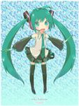  ahoge artist_name boots character_name chibi copyright_name detached_sleeves green_eyes green_hair hatsune_miku headset kowiru long_hair necktie open_mouth skirt sleeves_past_wrists solo spring_onion thigh_boots thighhighs twintails very_long_hair vocaloid zettai_ryouiki 